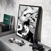 A framed piece of anime wall art featuring a stylized, fierce-looking character with sharp features and dark tones.