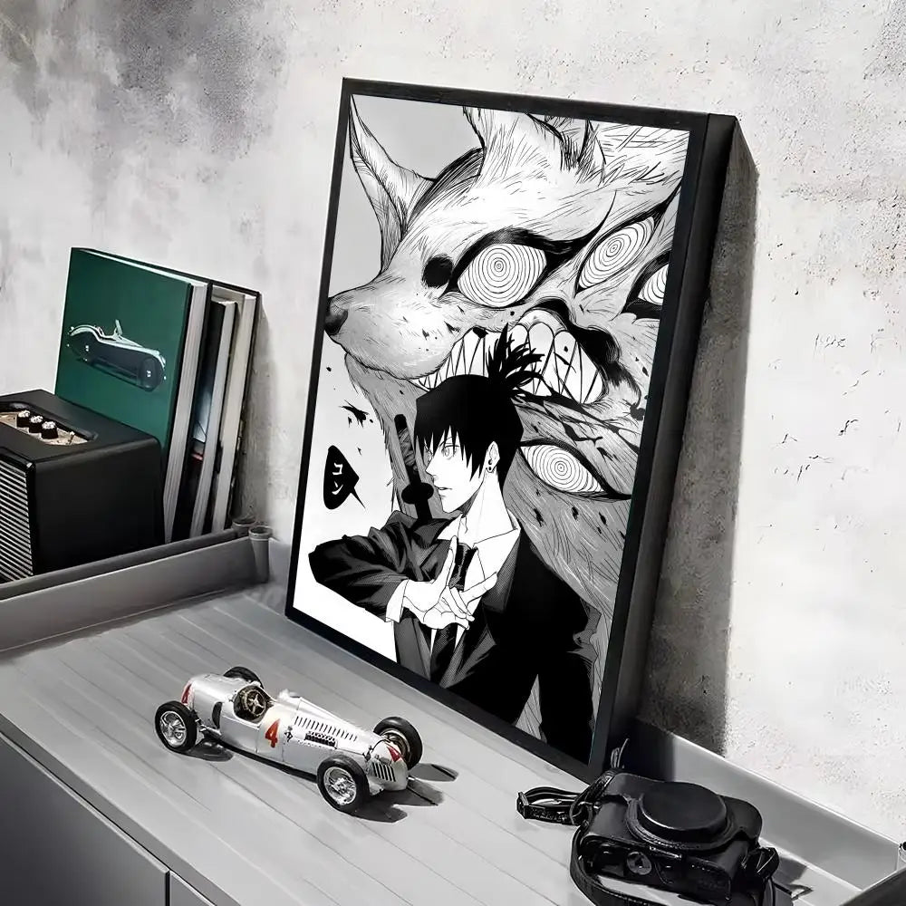 A framed piece of anime wall art featuring a stylized, fierce-looking character with sharp features and dark tones.
