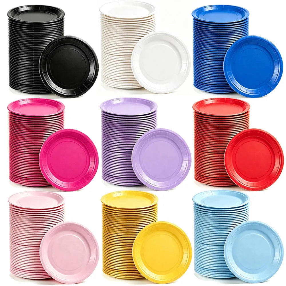 A variety pack of solid color disposable paper plates in various shades including black, white, blue, pink, and red.