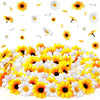 A dense arrangement of yellow and white artificial sunflower and daisy heads for DIY and wedding decor