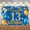 A blue party backdrop banner featuring gold and silver confetti, balloons, and the text Happy 13th Birthday.