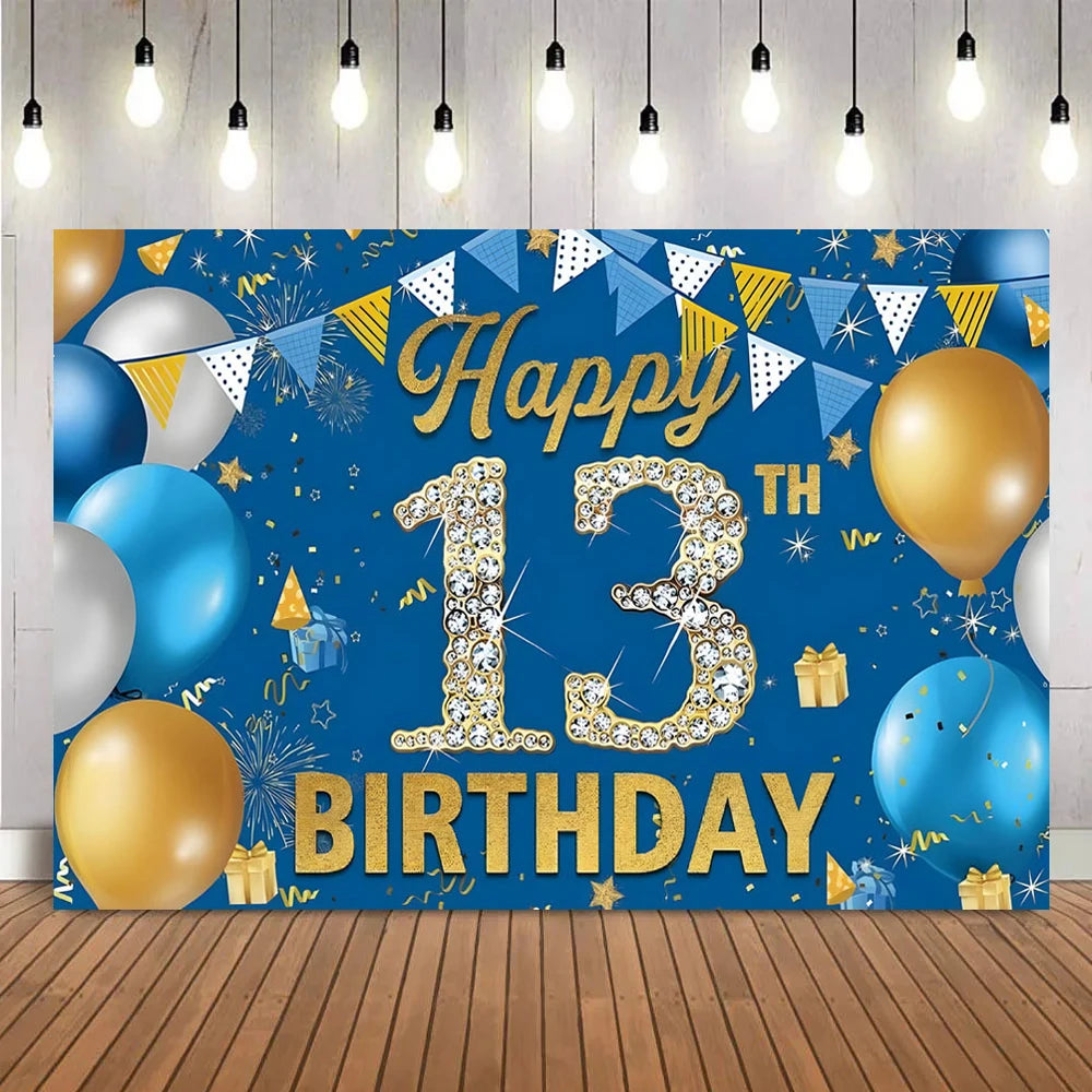 A blue party backdrop banner featuring gold and silver confetti, balloons, and the text Happy 13th Birthday.