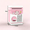 A pink and white ATM-style piggy bank with an electronic keypad and a cute cat face design.