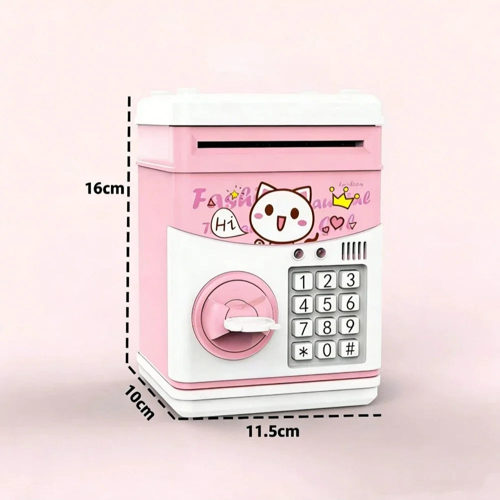 A pink and white ATM-style piggy bank with an electronic keypad and a cute cat face design.
