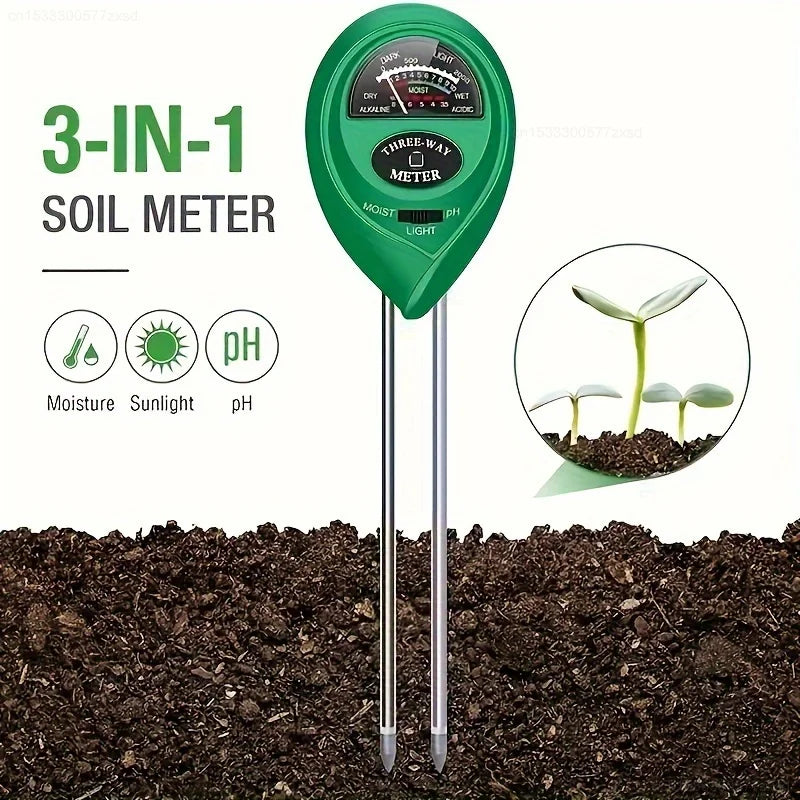 A green 3-in-1 soil meter with three probes inserted into dark soil, used for measuring moisture, sunlight, and pH.