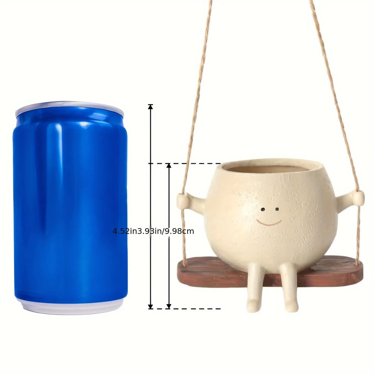 A blue cylindrical resin succulent planter hanging from a rope, featuring a light beige, smiling face design.