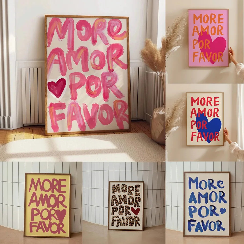 A collection of modern love quote canvas wall art featuring pink, blue, and purple text on white backgrounds.