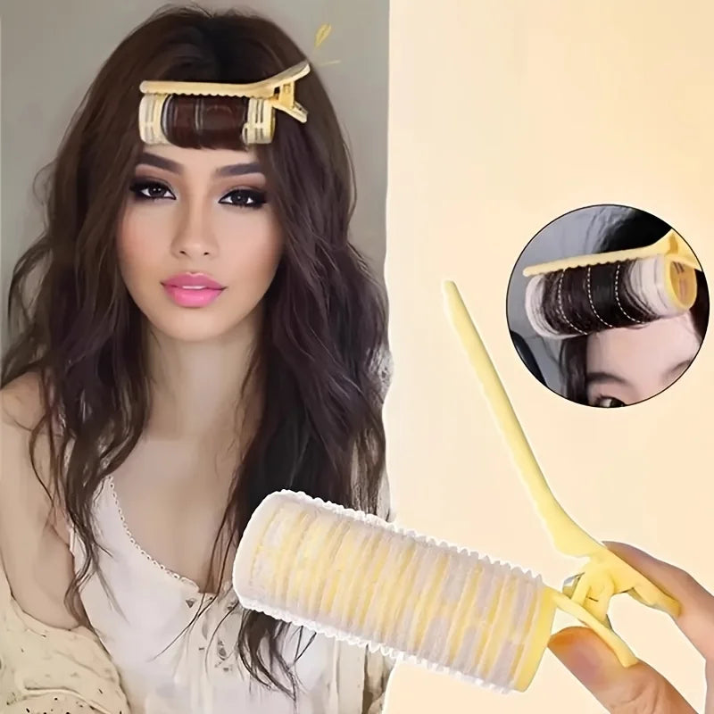 A woman models a heat-free curling set for hair, showing the tool and its application.