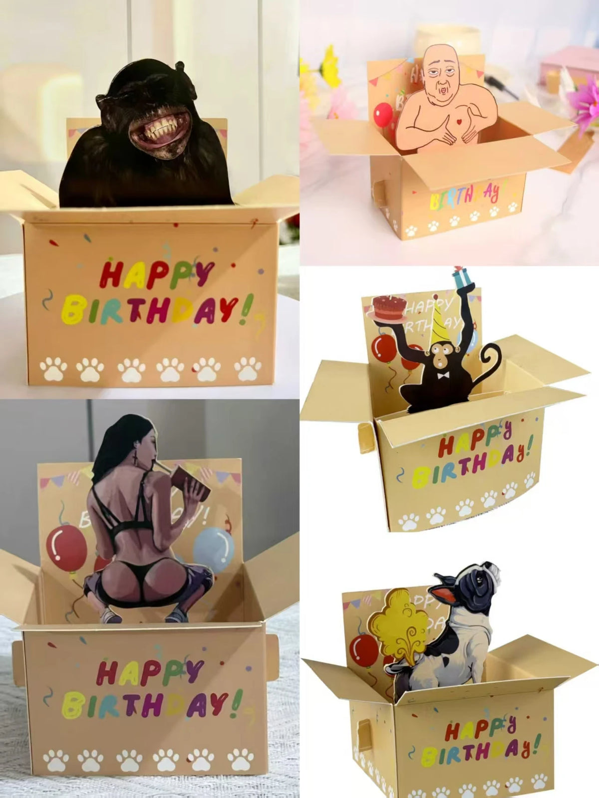 A set of humorous 3D pop-up birthday cards featuring a black dog, heart balloons, and confetti designs.
