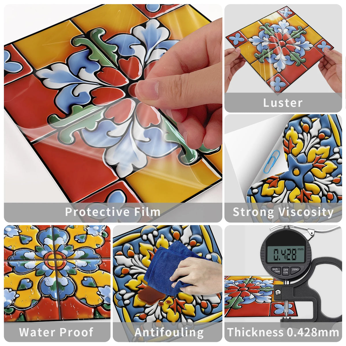 A set of self-adhesive waterproof wall decals showing various features like luster, strong viscosity, water proof, antifoulin