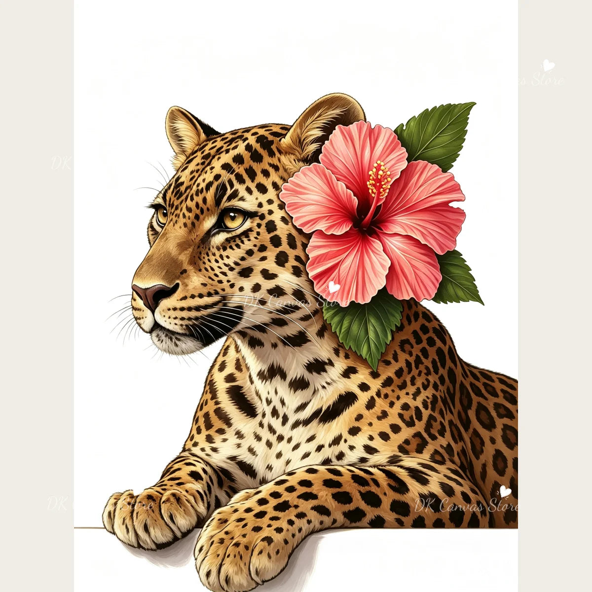 A realistic painting of a leopard head and body with pink hibiscus flowers.
