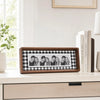 A wooden photo strip frame with a black and white checkered border displaying several portrait photos.
