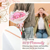 A woman is shown with a bouquet of pink roses and floral decorations, suggesting a DIY kit for creating glittery flowers.