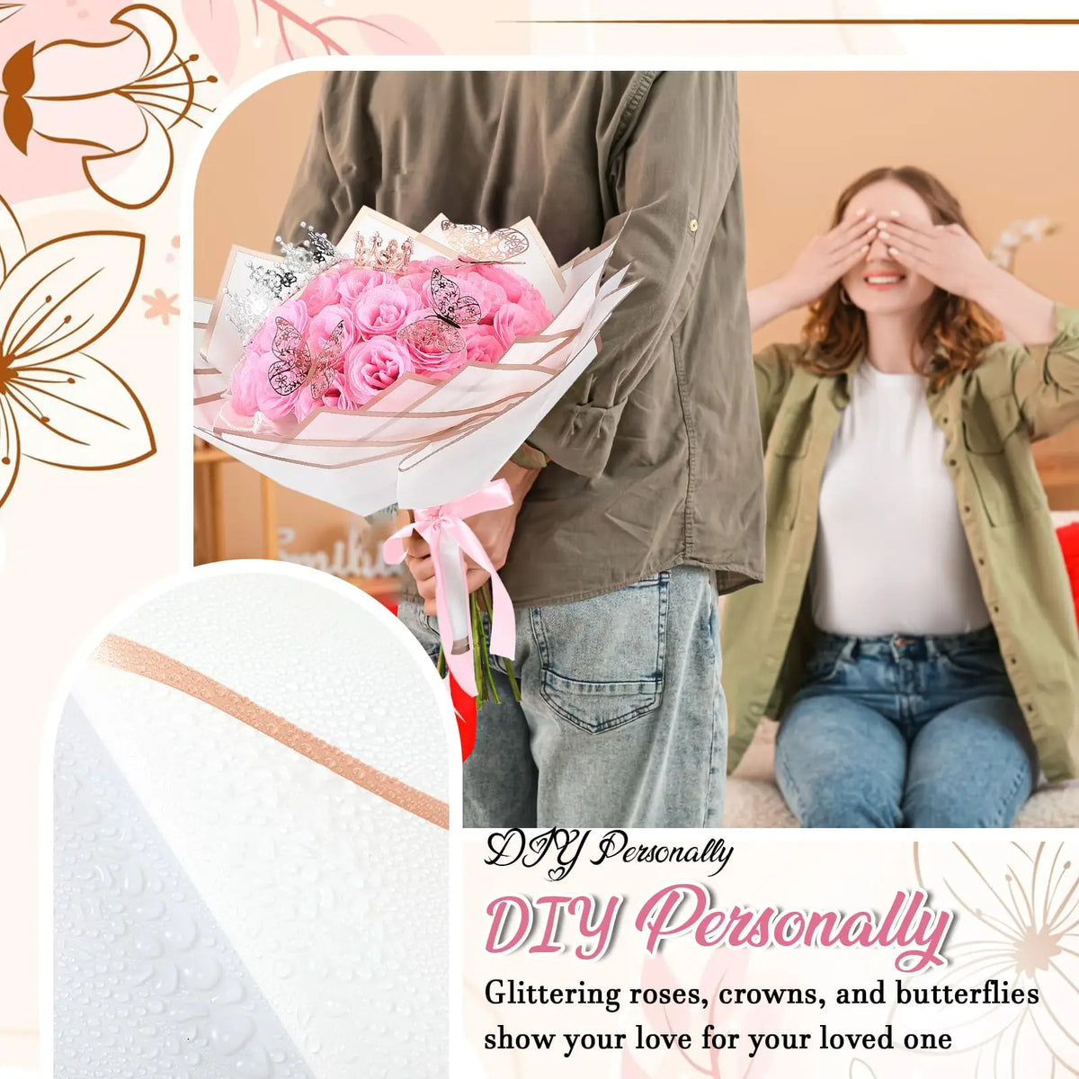 A woman is shown with a bouquet of pink roses and floral decorations, suggesting a DIY kit for creating glittery flowers.