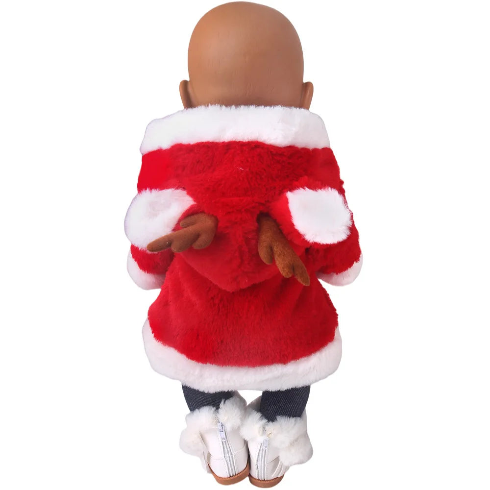 A brown-skinned doll wearing a red and white faux fur Christmas outfit with black pants and white fluffy boots.