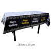 Black and gold disposable tablecloth with birthday text for parties
