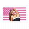 A woman with blonde hair is pictured against a pink and white American flag tapestry background.