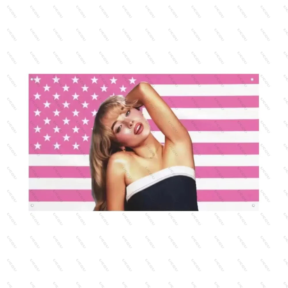 A woman with blonde hair is pictured against a pink and white American flag tapestry background.