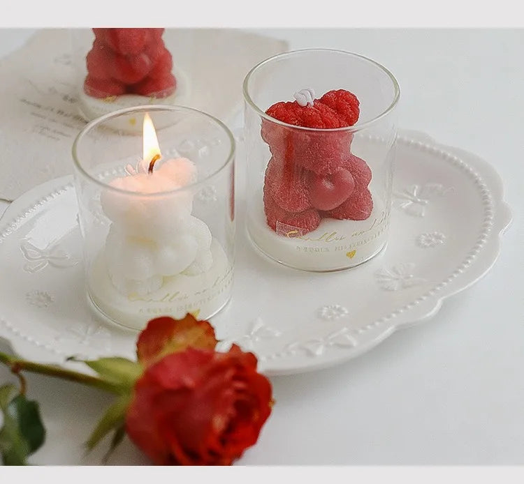 Rose Bear Scented Soy Wax Candle in Glass Cup
