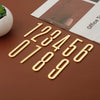 A collection of polished gold house numbers 1 through 9 are arranged on a brown surface next to a potted plant and a document