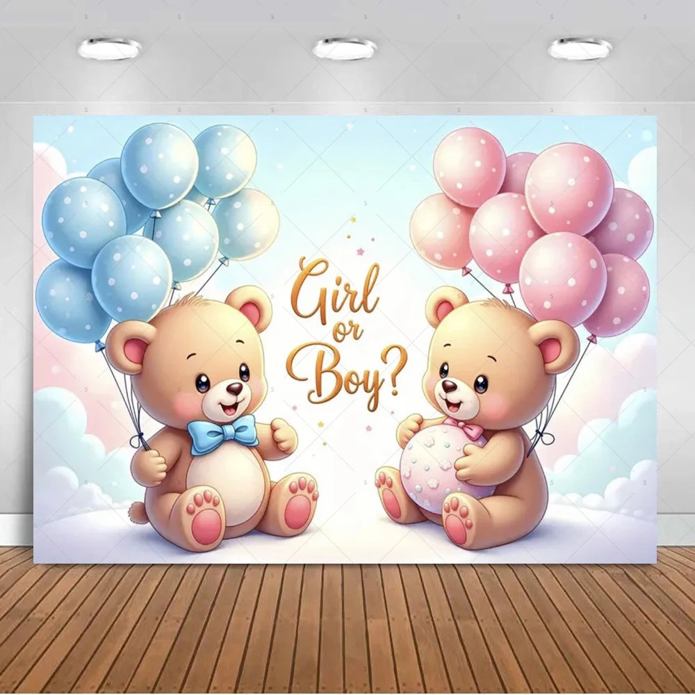 A gender reveal backdrop featuring two teddy bears, one with blue balloons and one with pink balloons, against a light blue s