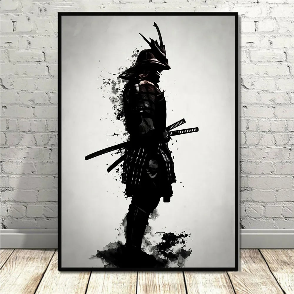 Black and white canvas wall art depicting a silhouette of a samurai with a helmet and sword against a bright background.
