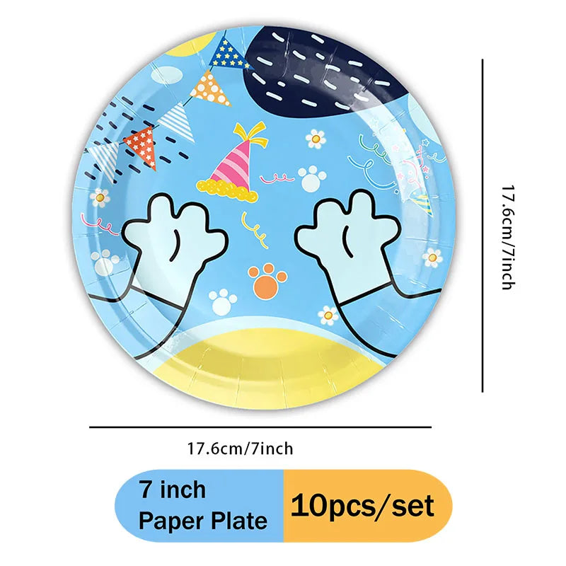 A set of 10 blue dog party paper plates with festive designs for birthday and picnic use.