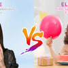 A comparison showing a woman inflating a pink balloon and a child using an electric device to inflate a blue balloon.