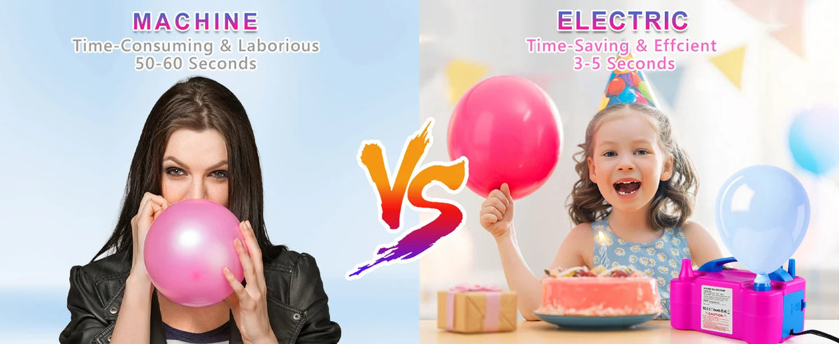 A comparison showing a woman inflating a pink balloon and a child using an electric device to inflate a blue balloon.