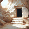 A light-filled cavern with stone steps leading to a dark opening, depicting Jesus Walking on Water.