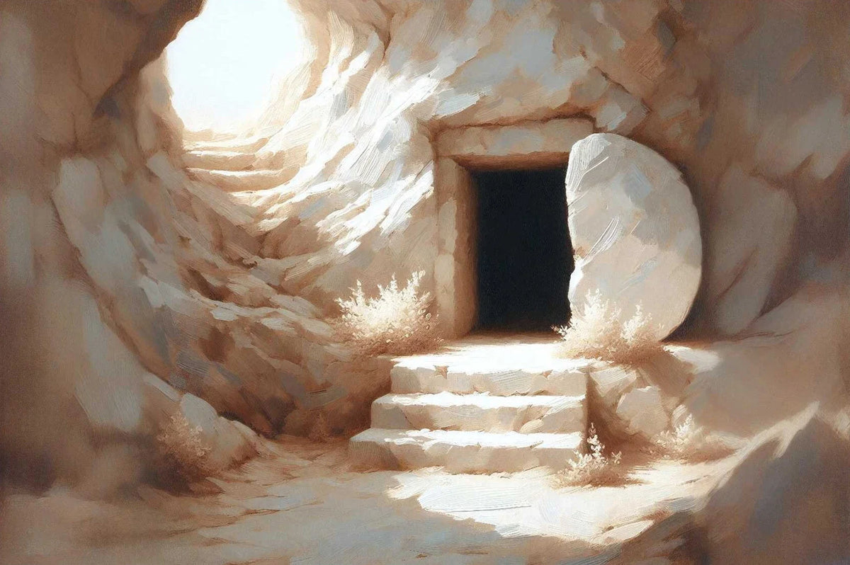 A light-filled cavern with stone steps leading to a dark opening, depicting Jesus Walking on Water.