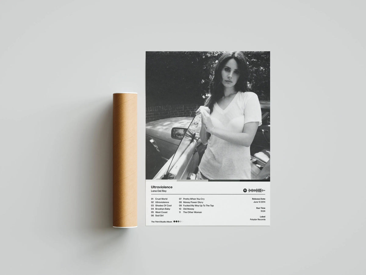 Album art for Lana Del Rey's album Ultravioletence featuring a woman in a white shirt.