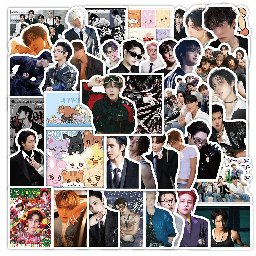 A collage of various K-Pop idol photos used as stickers for luggage and accessories