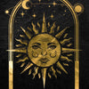 Gold line art illustration of a sun with rays and a moon, framed in an arched border on a black background.