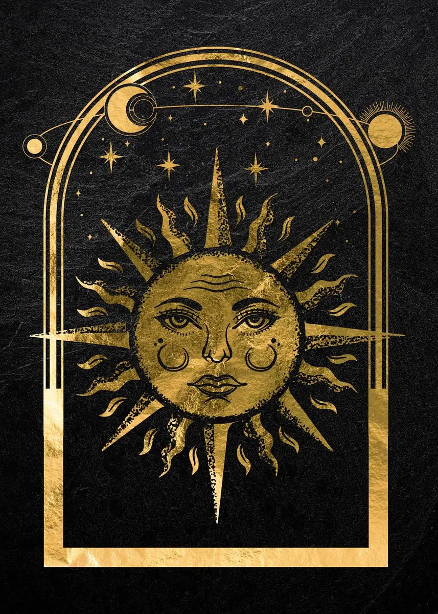 Gold line art illustration of a sun with rays and a moon, framed in an arched border on a black background.
