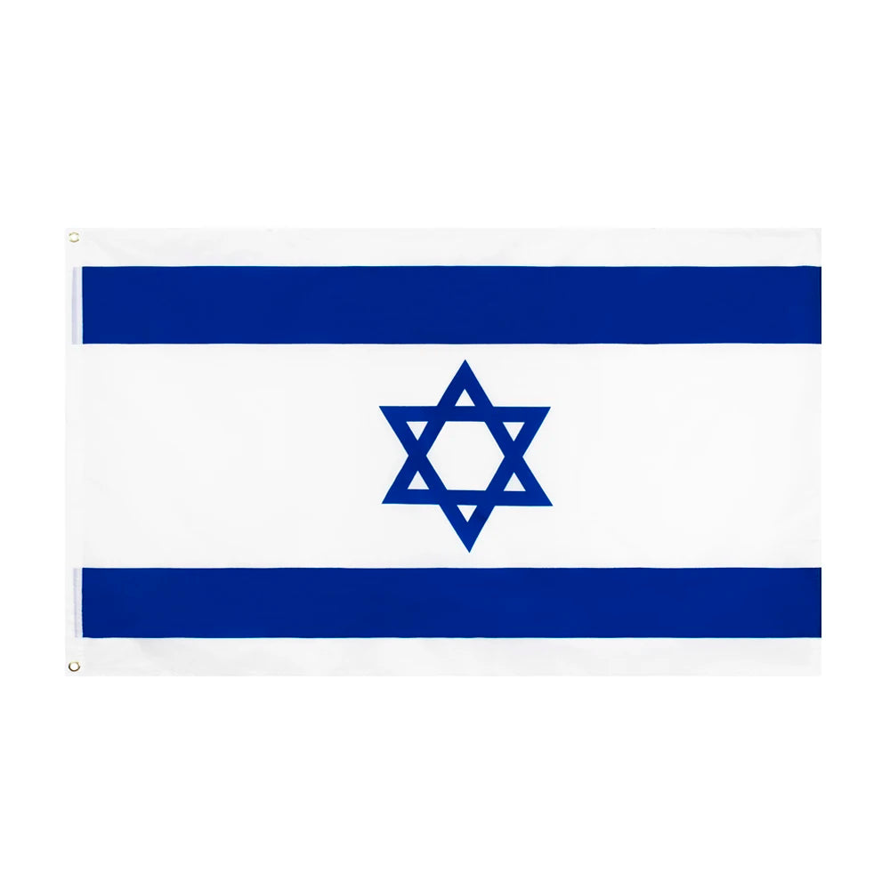 A rectangular banner displaying the flag of Israel with horizontal blue and white stripes and a blue Star of David.