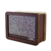 A wooden piggy bank with slots marked for saving money, featuring a dark brown finish.