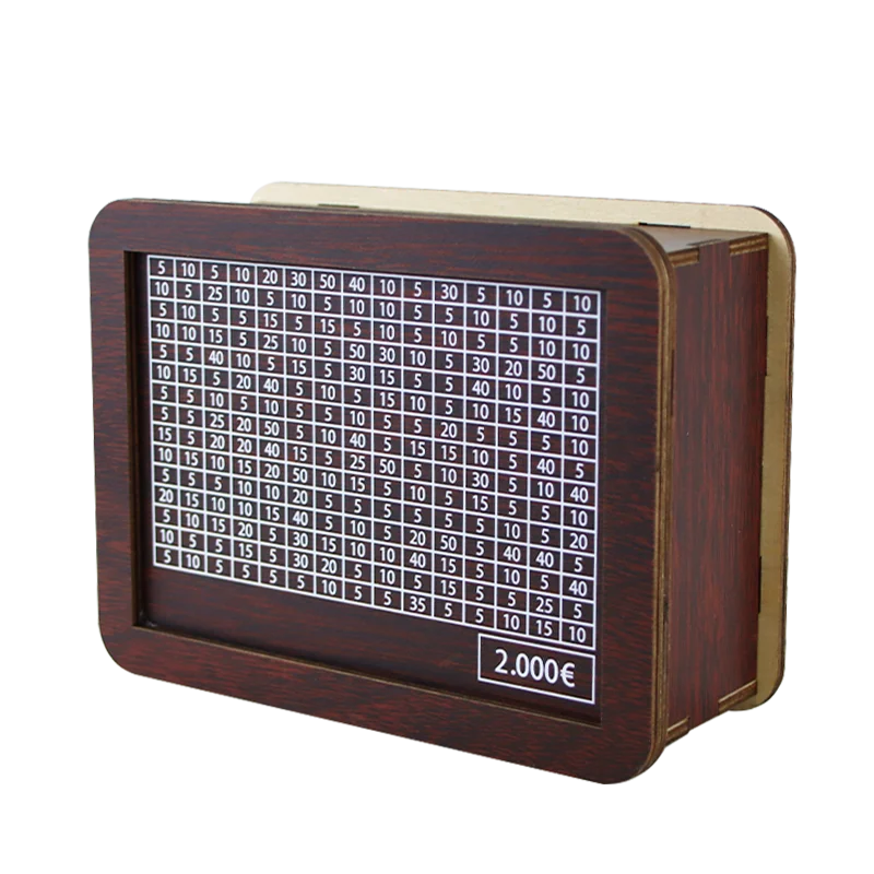 A wooden piggy bank with slots marked for saving money, featuring a dark brown finish.