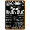 A vintage metal sign with text listing hourly rates for a mechanic service.