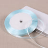 A roll of light blue satin ribbon on a white spool resting on a light beige surface.