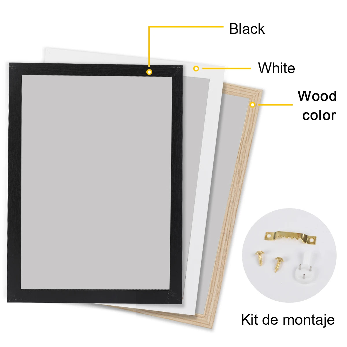 Kit de montage for a custom photo canvas poster with black, white, and wood color frames.