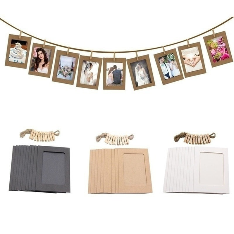 A display featuring a string of rustic wooden clip photo frames with kraft paper inserts.