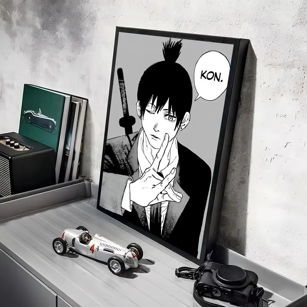 Anime wall art featuring a character with black hair and a speech bubble saying KON