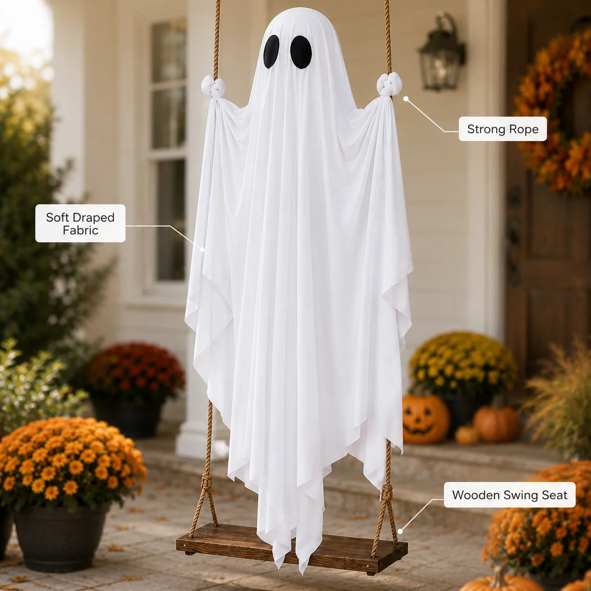 A white ghost decoration with a soft draped fabric hangs from a wooden swing seat for outdoor Halloween decor.