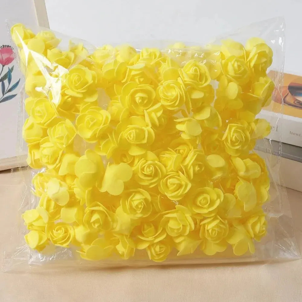 A bunch of bright yellow PE foam artificial rose flowers packaged in a clear plastic bag.