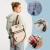 A beige pill organizer pouch with a brown strap and keychain is shown next to a person, with close-ups of the product details