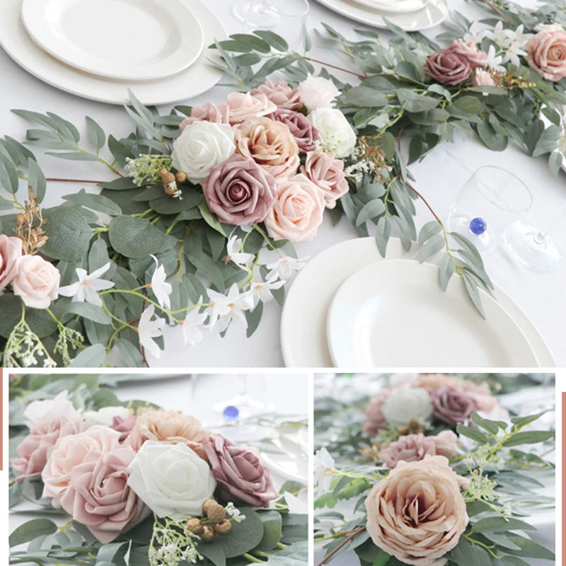 A lush floral garland featuring dusty rose, blush pink, and cream roses accented with green eucalyptus leaves for wedding dec
