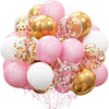 A bouquet of pink and gold confetti latex balloons.