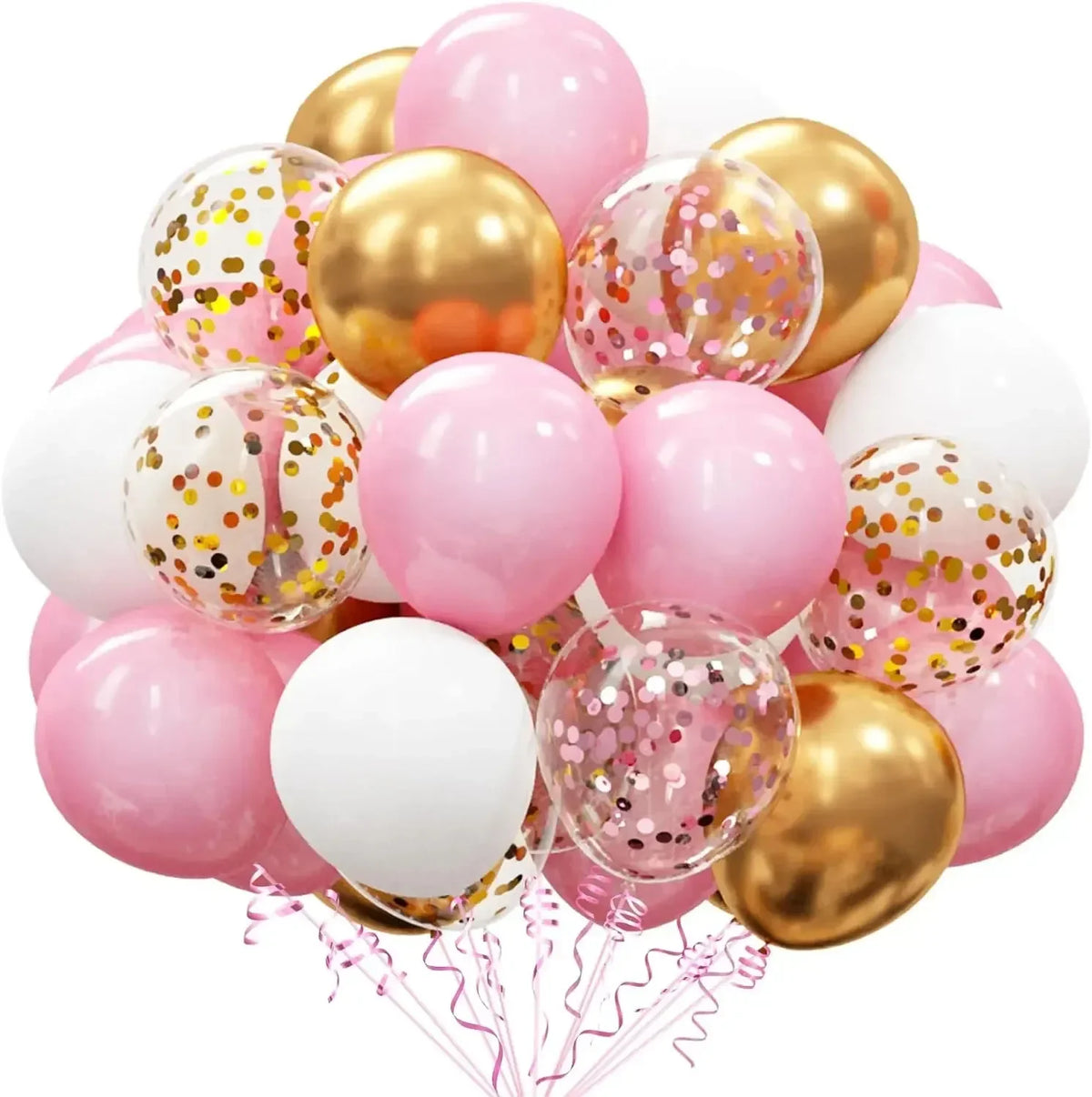 A bouquet of pink and gold confetti latex balloons.