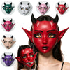 A display of various colored horned fantasy creature masks, including green, white, pink, and red, worn on a model's face.